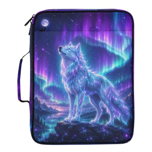 ZZKKO Zipper Binder Case with Handle, Portfolio Organizer 3 Ring Binder, Accordion 6-Tab Expanding File Folder Multiple Pockets Home School Office Documents Storage, Polar Lights Wolf Howling