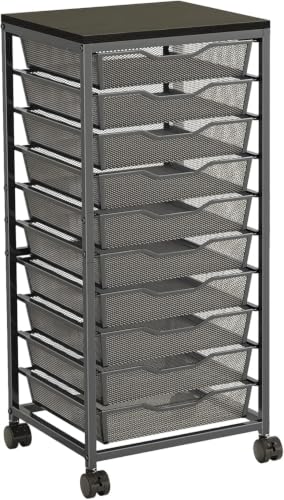 10-Drawer Mesh Rolling Storage Cart, Heavy Duty Metal Frame Organizer with Wooden Top and Lockable Wheels, 12x12 Inch Large Drawer Mobile Utility Cart for Craft Art Bathroom Classroom Office, Black