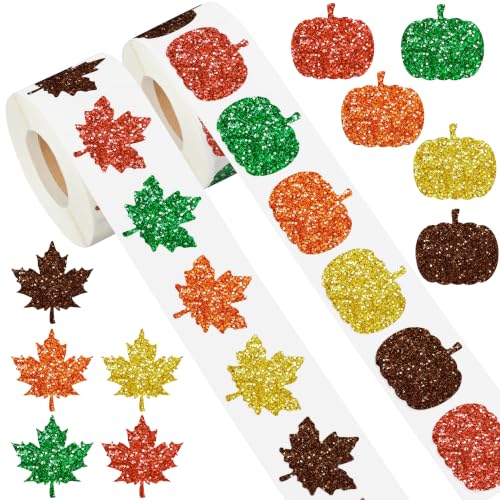 1000PCS Fall Thanksgiving Stickers Roll 1.2'' Laser Maple Leaf Pumpkin Decals 5 Colors Holographic Autumn Leaves Pumpkins Self-Adhesive Label Sticker for Waterproof Envelope Seals Party Card Scrapbook