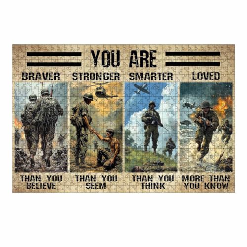 1000 Piece Soldier Wooden Jigsaw You are Braver Stronger Smarter Loved Puzzle Adults Kids Challenging Family Game Educational Stress Relief Learning Toy Home Decor Puzzles 29.5x19.7 Inch