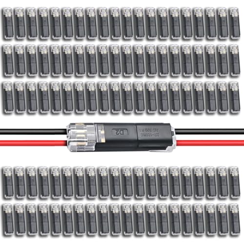 100PCS/Box Double Wire Plug in Connector with Locking Buckle,Flame Retardant Quick Connect Wire Connectors,No-Stripping Connectors for LED Strip Lights, DIY, Low-Voltage & Model Kit, 18-22AWG,2 Pin