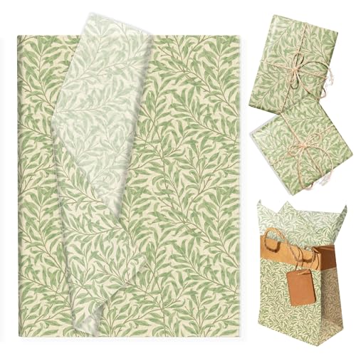 100 Sheets William Morris Pattern Tissue Paper, 14x20 Inch Sage Green Willow Leaf Decorative Gift Wrapping Tissue Sheets, Thin Packaging Paper for Gift Box, Wedding Bridal Shower DIY Craft Supplies