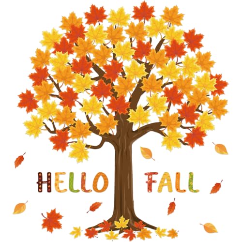 102 PCS Fall Tree Bulletin Board Decorations Autumn Maple Leaves Tree Paper Cutouts Hello Fall Classroom Bulletin Board Cutouts with Glue Points for Thanksgiving Home School Wall Chalkboard Decor
