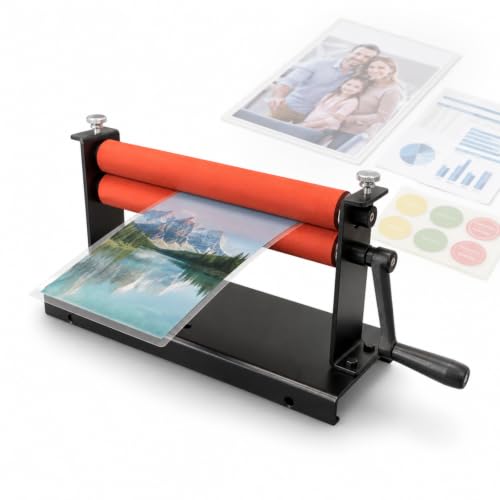 10 Inch Hand Cranked Laminator, Manual Cold Laminating Machine, Maximum Roller Spacing 3mm with Adjustable Rubber Rollers, for Photos, Vinyl, Prints and Pressure-Sensitive Film
