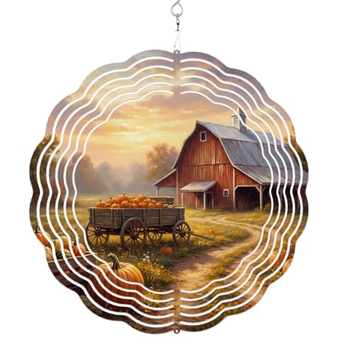10 Inch Pumpkins Red Barn Fall Wind Spinner for Yard and Garden, Harvest Countryside Sunset Hanging Ornaments Outdoor 3D Kinetic Wind Sculpture Spinners Indoor Outdoor Patio Décor Ornaments Gift