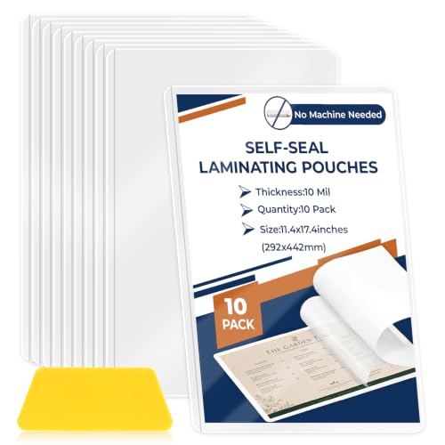 10 Pack 10 Mil 11x17" Self Sealing Laminating Pouches Self Adhesive Lamination Pouches Clear Laminate Sheets for Drawings Posters Art Prints Menu Big Certificates (No Heat & No Laminator Machine Need)