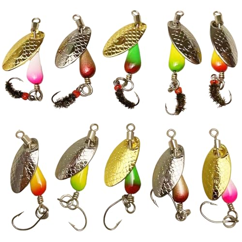 10 Pcs Fishing Lures Spinner Baits Set with Fly Fishing Lures, 2.6 g / 0.09 oz Metal Trout Spinners, Offset Sinker for Long Casts, Rotating Design, 0.6 in / 1.5 cm Hook Size, for Bass Salmon Pike