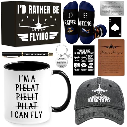 10 PCS Pilot Gifts for Men, Aviation Gifts with 11 Oz Mug Journal Hat Socks Pen for Birthday Christmas Graduation Retirement, Aviation Gifts for Men, Airplane Lover, Airline Captains, New Pilots