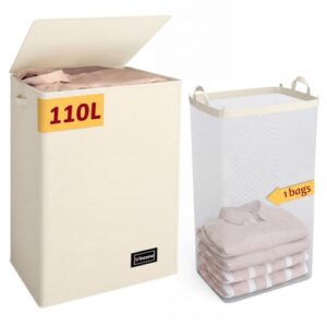 110L Laundry Hamper with Lid, Reinforced Sturdy Large Laundry Hamper with Handle and Lid, Collapsible Clothes Basket Organizer with Removable Liner Bag, Tall Dirty Clothes Bin for Dorm Bedroom