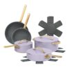 12-Piece Ceramic Nonstick Cookware Set White Icing, Pots and Pans Set with Strainer Lids, Induction Compatible, Oven Safe, Nonstick Cookware with Gold Handles (Lavender)
