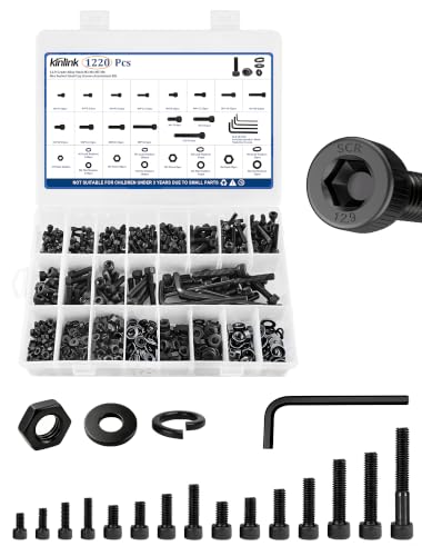 1220PCS Metric Bolt Assortment Kit, M3 M4 M5 M6 Head Cap Socket Cap Screws with Hex Nuts, Flat & Spring Lock Washers, 12.9 Grade Alloy Steel Black Oxide Allen Hex Keys, 3D Printing Electronics Repair