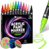 12 Acrylic Paint Markers, 10 Neon UV Colors + Black White, 0.7mm Fine Tip