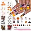 12Grids/Box Halloween Resin Nail Charms 3D Pumpkin Ghost Nail Rhinestones with Gold Balck Red Beads Design Spider Nail Art Charms Horror Bat Tombstone Hat Nail Accessories for Women DIY Nails Art