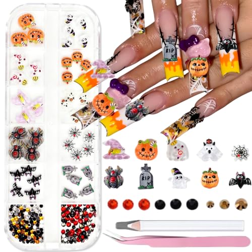12Grids/Box Halloween Resin Nail Charms 3D Pumpkin Ghost Nail Rhinestones with Gold Balck Red Beads Design Spider Nail Art Charms Horror Bat Tombstone Hat Nail Accessories for Women DIY Nails Art