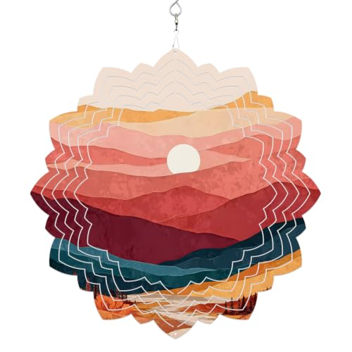 12 Inch Abstract Sunset Wind Spinner for Yard and Garden,Boho Gradient Red Brown Country Mountain Forest Hanging Ornaments Outdoor 3D Kinetic Wind Sculpture Spinners Indoor Outdoor Patio Décor Gift