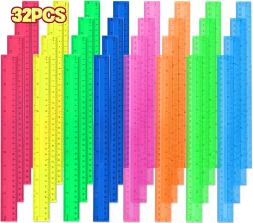 12 Inch Plastic Rulers, 32 Pack Assorted Colors Transparent Ruler Bulk, Metric Rulers with Inches and Centimeters, Straight Ruler Measuring Tool for Student Office Home Back to School Supplies