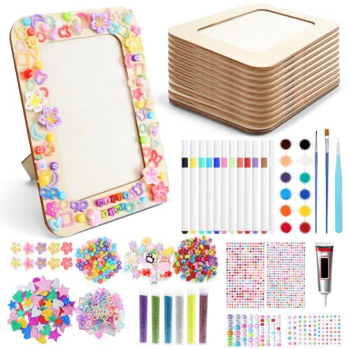 12 Pack DIY Picture Frames Craft Kit Unfinished Wooden Picture Frames for Crafts, Fits 4x6in Photos, Picture Frame Decorating Kit with Diamond Stickers Beads Painting Tools for DIY Crafts Decorate
