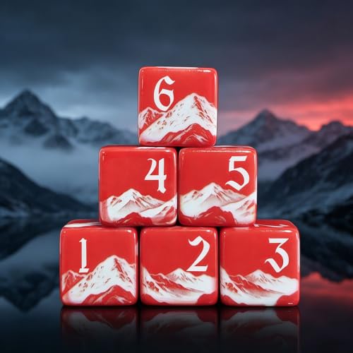 12PCS 16mm Red Acrylic Printed D6 Dice Set, White Snow Mountain Pattern Six-Sided Dice, Summit Mountain Graphic Dice for DND RPG Tabletop Game Outdoor Themed Collectible Gaming Gift