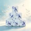 12PCS 16mm White Acrylic Printed D6 Dice Set, Blue and White Porcelain Bird Floral Pattern Six-Sided Dice, Magpie Sparrow On Branch Graphic Dice for DND RPG Tabletop Game Oriental Style