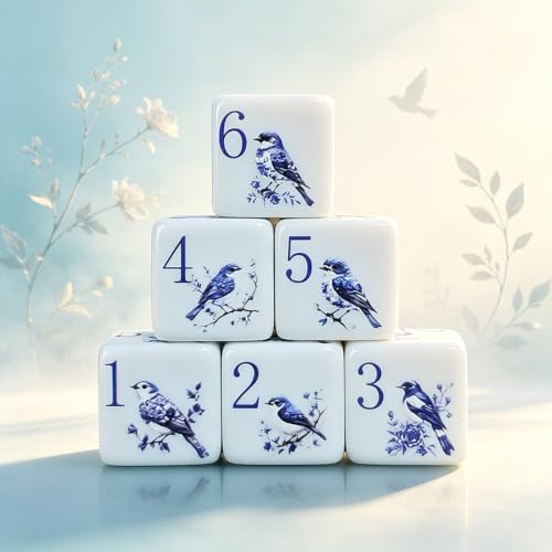 12PCS 16mm White Acrylic Printed D6 Dice Set, Blue and White Porcelain Bird Floral Pattern Six-Sided Dice, Magpie Sparrow On Branch Graphic Dice for DND RPG Tabletop Game Oriental Style