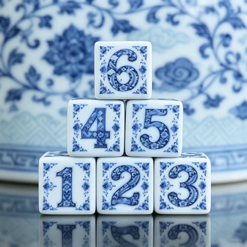 12PCS 16mm White Acrylic Printed D6 Dice Set, Blue and White Porcelain Floral Number Pattern Six-Sided Dice, Vintage Flower Dice for DND RPG Tabletop Game Oriental Style Collectible Gaming Gift