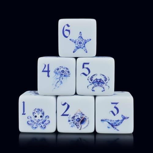 12PCS 16mm White Acrylic Printed D6 Dice Set, Blue and White Porcelain Marine Creature Pattern Six-Sided Dice, Octopus Whale Crab Jellyfish Starfish Conch Dice for DND RPG Tabletop Game Ocean Theme
