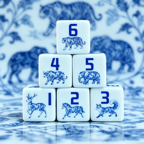 12PCS 16mm White Acrylic Printed D6 Dice Set, Blue and White Porcelain Wild Animal Pattern Six-Sided Dice, Deer Horse Tiger Elephant Fox Bull Graphic Dice for DND RPG Tabletop Game Gaming Gift
