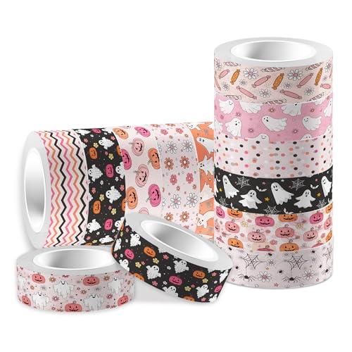 12 Rolls Halloween Washi Tape Pink Halloween Pumpkin Ghost Flower Prints Masking Tape 16.4Ft Cute Decorative Boho Design Tape Stickers for Halloween Scrapbook Journal DIY Art Craft Gift Wrapping
