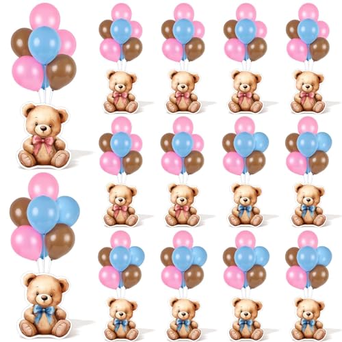 12 Sets Bear Balloon Stand Kit for Table Bear Baby Shower Centerpieces for Tables Gender Reveal Party Decoration Pink Blue Bear with Balloon for Baby Bear Temed Gender Reveal Party Supplies