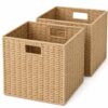 13x13x13 Inch Wicker Storage Basket Set of 2, FAAYUCK Handwoven Storage Cube Bins with Handle for Shelves, Foldable Wicker Organizer Basket for Bedroom, Laundry, Livingroom