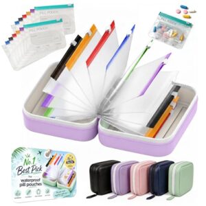 14 Day Travel Pill Kit Personal Medicine Organizer Case Set A8 Waterproof Pill Pouch for Travel Small Portable Storage Binder Style with Bags Cute Medication Purse Zipper Pocket (Purple14 Pouches)
