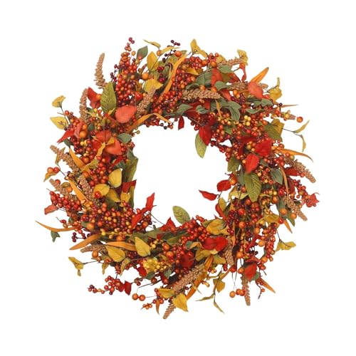14 Inch Fall Door Wreath, Artificial Harvest Large Handmade Front Door Wreath with Berries and Maple Leaves,Thanksgiving Orange Fall Door Wreath for Outdoor Wall Indoor Farmhouse Home Decoration