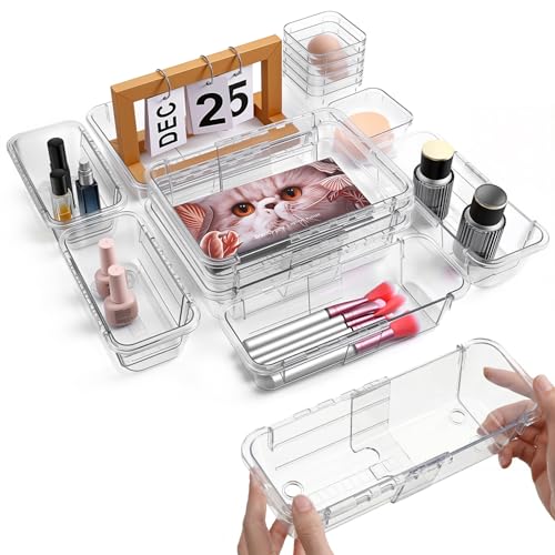 14 Pcs Clear Drawer Organizer - 3 Sizes, Adjustable Drawer Storage Box, Desk Drawer Organizer, Acrylic Storage Bins for Makeup, Cosmetic, Kitchen Utensils, Bedroom Dressers Tool Organizer for Gadgets
