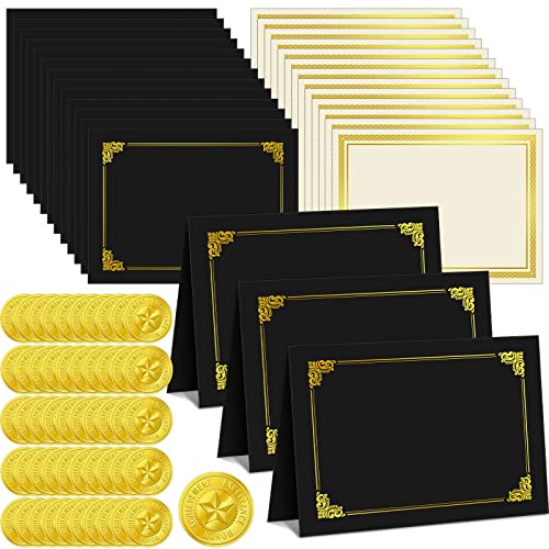 150 Pcs Certificate Kit Include 50 Certificates Holders 50 Certificate Paper 50 Embossed Seal Sticker Diploma Covers for Back to School Student Teacher Recognition Reward Award Supplies(Black)