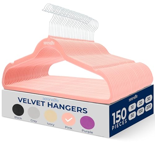 150 Pieces Velvet Hangers - Space Saving Heavy Duty Slim Suit Clothes Hanger Set with 360 Degree Swivel Metal Hook, Can Hold Up to 10 Lbs. for Coats, Jackets, Pants & Dress (Pink)