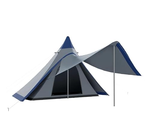 15.4' x 15.4' x 8.5' Teepee Camping Tent, 2-3 Person Waterproof Outdoor Tent with Extended Porch Area, Floor, Aluminum Pole, Carry Bag for Hiking, Backpacking & Family Camping (Blue)