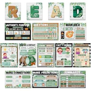 15Pcs Reading Comprehension Posters for Classroom Educational Motivational English Language Arts Bulletin Board Eucalyptus Read Posters for Elementary Middle High School Wall Art Decor, Farmhouse