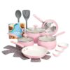 16-Piece Pink Aluminum Cookware Set With Reinforced Ceramic Non-Stick Coating, Induction Compatible Pots Pans With Matching Kitchen Accessories