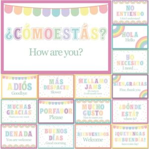 16 Pcs Spanish Words and Phrases Poster Set Spanish Phrases Bulletin Board Study Spanish Classroom Decoration for Teachers Preschool School Classroom Language Classroom Educational Decor(Pastel)
