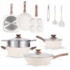 17 Pieces Beige Non-Stick Aluminum Cookware Set With Detachable Heat-Resistant Handles, Stackable Pots Pans Compatible With Multiple Stovetops Keywords
