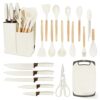 19-Piece Knife Set with Block and Built-in Sharpener, Stainless Steel Kitchen Knives with Silicone Utensils, Wooden Handles, Heat Resistant Cooking Tools, White