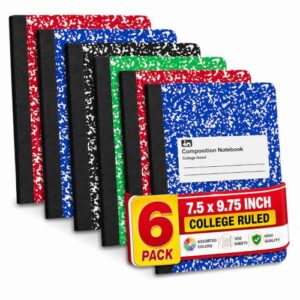 1InTheOffice College Ruled Composition Notebook, Hard Cover Notebook, Marble Composition Notebook, 7.5" x 9.75", 100 Sheets, Assorted colors, 6 Pack