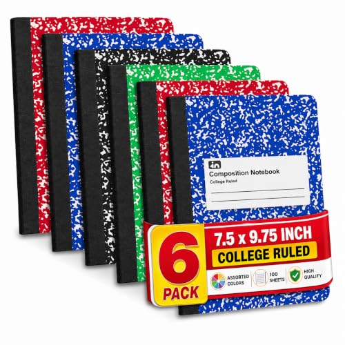 1InTheOffice College Ruled Composition Notebook, Hard Cover Notebook, Marble Composition Notebook, 7.5" x 9.75", 100 Sheets, Assorted colors, 6 Pack