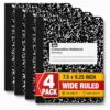 1InTheOffice Composition Notebook Wide Ruled, 1 Subject Notebook, Marble, 7.5" x 9.75", 100 Sheets, Black, 4 Pack