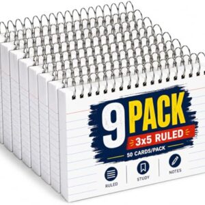 1InTheOffice Spiral Bound Index Cards 3x5 Ruled, Wirebound Index Cards, White, 50 Cards/Pack (9 Pack)