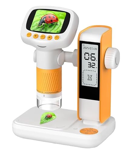2-in-1 Children Digita2-in-1 ChildrenLearning CM5Digital Microscope & Clock 1000xMagnification 2 Inch IPSScreen USBPC Portable withTripodl Microscope & Clock 1000x Magnification