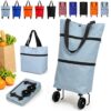 2-in-1 Foldable Shopping Cart with Wheels, Waterproof Rolling Grocery Tote Bag, Collapsible Wheeled Wagon, Expandable Capacity for Supermarket Travel Laundry Storage Daily Errands (A- Light Blue)