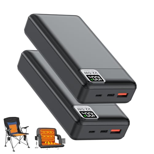 2-Pack 5V 2A 3A 20000mAh Battery Pack for Electric Heated Camping Chair, Stadium Seat Cushion, Vest, Jacket, Blanket - Digital LCD Screen PD20W Fast Charging Power Bank for iPhone, iPad and More