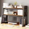 2-Tier Desktop Rack - Small Wood & Metal Bookcase for Office Supplies Cute Desk Display Shelf Home Decor Black Finish