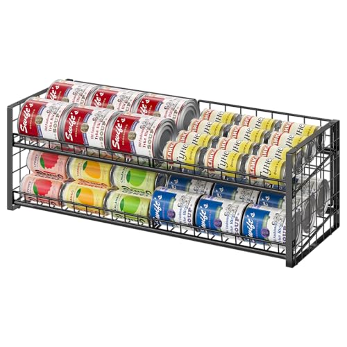 2-Tier Stackable Can Organizer for Pantry, Adjustable Extra-Long Can Rack for Pantry Shelf Organizer and Storage, Sturdy Standing Can Holder for Canned Soup Food Goods Storage up to 64 Cans, Black